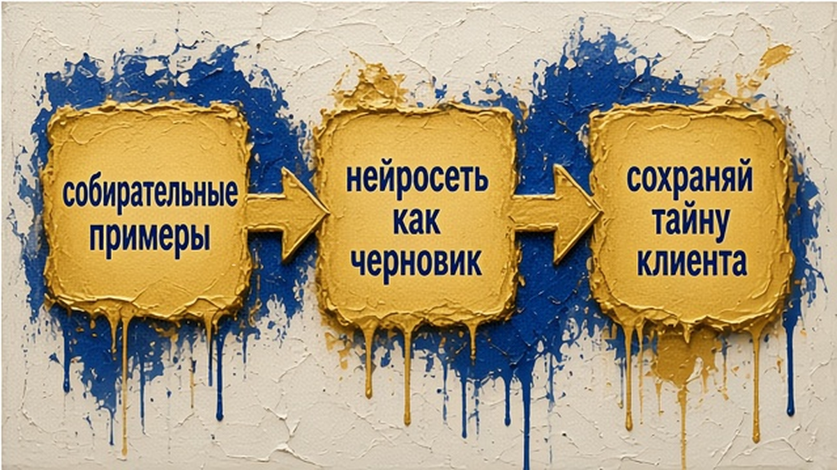 Схема: нейросеть как черновик, собирательные примеры и тайна клиента